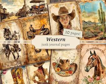 Western Junk Journal Pages, digital scrapbook paper kit, cowboy printable, cowgirl collage sheet, prairie horse download, vintage ephemera