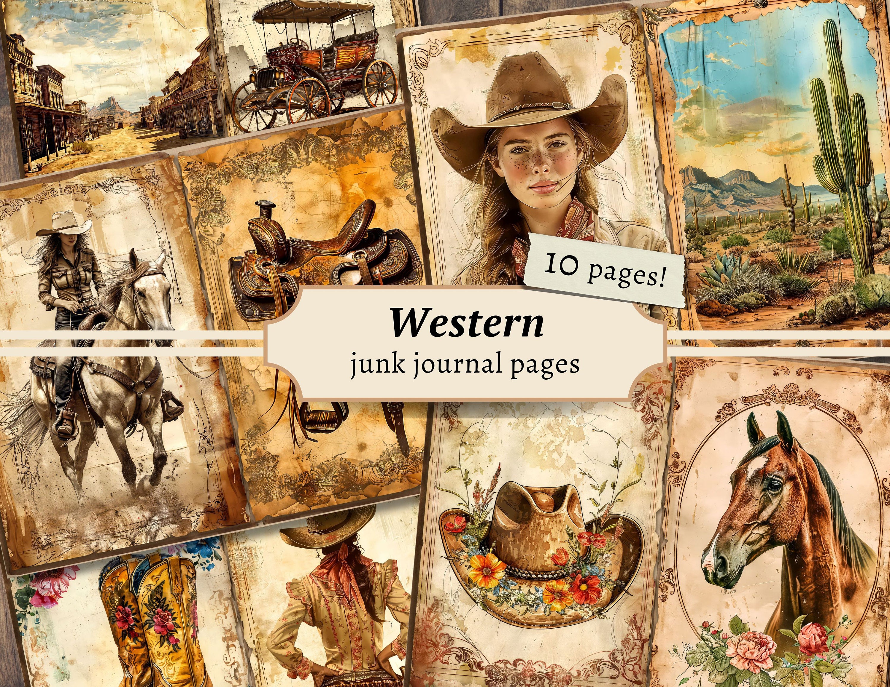 Western Junk Journal Pages, Digital Scrapbook Paper Kit