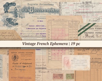 Vintage French Ephemera | 19 pc | digital junk journal kit, printable collage sheet, antique letters, handwritten paper memorabilia, receipt