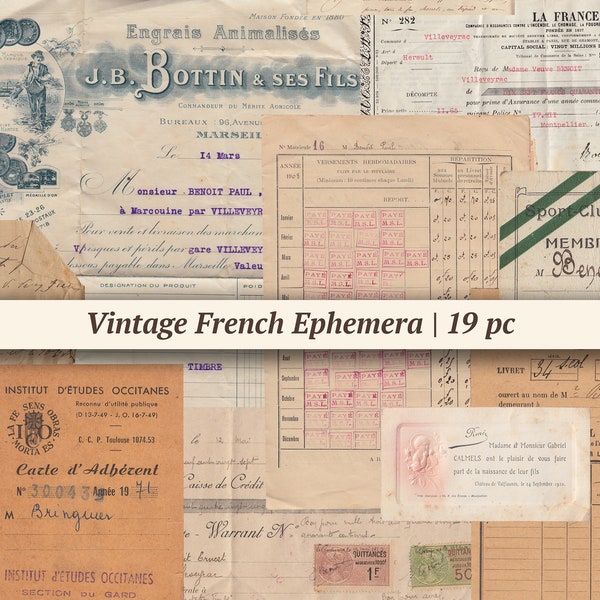 Vintage French Ephemera | 19 pc | digital junk journal kit, printable collage sheet, antique letters, handwritten paper memorabilia, receipt