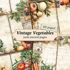 Páginas de diário vintage com vegetais, álbum de recortes digital, kit de papel para cozinhar, livro de receitas antigo para imprimir, utensílios de cozinha, folha de colagem de receitas