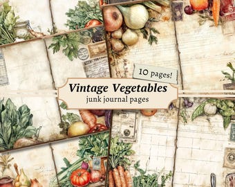 Vintage Vegetables Junk Journal Pages, Digital Scrapbook, Cooking Paper Kit, Old Cookbook Printable, Kitchen Ephemera, Recipe Collage Sheet