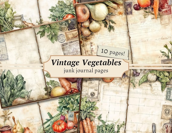 Vintage Vegetables Junk Journal Pages, Digital Scrapbook, Cooking Paper Kit, Old Cookbook Printable, Kitchen Ephemera, Recipe Collage Sheet