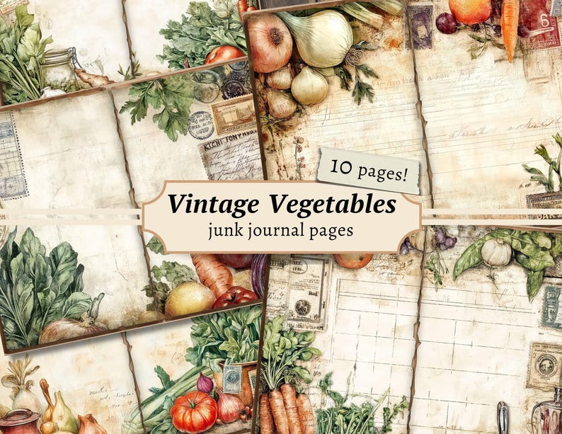 May include: A collection of vintage-style junk journal pages featuring watercolor illustrations of various vegetables. The pages have a distressed, aged appearance with text and stamps. The text on the pages reads "Vintage Vegetables" and "10 pages!"