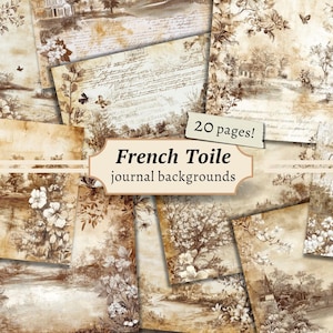 Vintage toile de jouy-achtergronden, bruine ongewenste dagboekpagina's, digitaal plakboekpapier, Franse toile afdrukbaar, collagevel vintage kortstondig