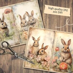 May include: Four vintage-style illustrations of rabbits in a garden setting. The rabbits are depicted in a watercolor style with soft, muted colors. The illustrations are set against a background of flowers and foliage.