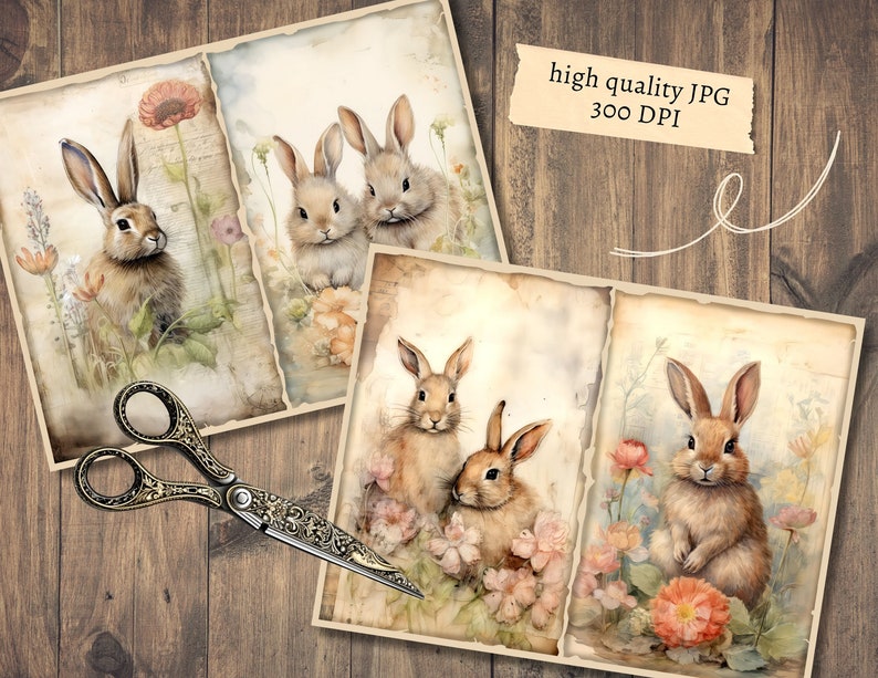 May include: Four vintage-style illustrations of rabbits in a garden setting. The rabbits are depicted in a watercolor style with soft, muted colors. The illustrations are set against a background of flowers and foliage.