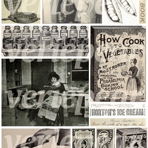 May include: A vintage collage of images related to cooking and food. The collage includes a waffle iron, a woman cooking, a cookbook cover, a collection of spice jars, and various vintage advertisements for baking powder, ice cream, and cocoa.