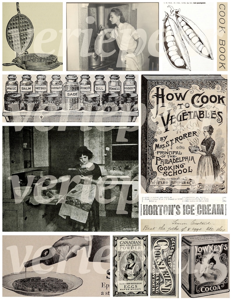 May include: A vintage collage of images related to cooking and food. The collage includes a waffle iron, a woman cooking, a cookbook cover, a collection of spice jars, and various vintage advertisements for baking powder, ice cream, and cocoa.