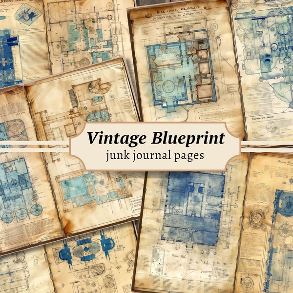 Vintage Blueprint Junk Journal Pages, Digital Scrapbook Paper Kit, Printable Collage Sheet, Antique Ephemera, House Plan Patent Drawings