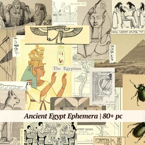 Peut inclure: Un collage numérique d'images liées à l'Égypte ancienne. Le collage comprend des images de hiéroglyphes, de pyramides, de scarabées, de pharaons et d'autres artefacts égyptiens. Le texte "Ancient Egypt Ephemera | 80+ pc" est en bas du collage.