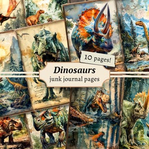 Dinosaurussen ongewenste dagboekpagina's, digitale plakboekkit, prehistorische afdrukbare, vintage ephemera, natuurhistorische kaarten, collageblad jongen