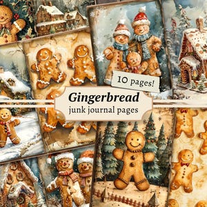 Gingerbread Man ongewenste dagboekpagina's, digitaal plakboek, kerstpapierkit, feestdagen afdrukbaar, vintage ephemera, feestelijk collageblad