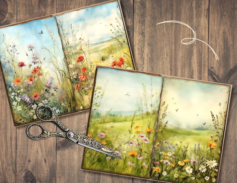 May include: Two open books displaying watercolour illustrations of a wildflower meadow. The pages show colourful flowers, tall grasses, and a blue sky. A pair of ornate scissors rests on a wooden surface, adding a vintage touch to the scene.