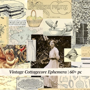 Papel de diario basura Cottagecore vintage, más de 60 piezas, imprimible, kit de álbum de recortes botánico digital de granja, collage de bosques