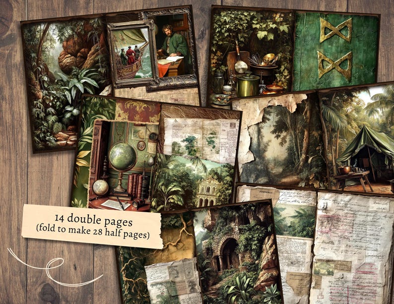 Może przedstawiać: Kolekcja dwustronicowych stron w stylu vintage z ilustracjami krajobraz&oacute;w, odkrywc&oacute;w i scen historycznych. Strony charakteryzują się r&oacute;żnorodnością kolor&oacute;w, w tym zielenią, brązem i kremem. Tekst na stronach brzmi "14 double pages (fold to make 28 half pages)."