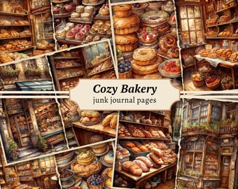 Può includere: Un collage di immagini che ritraggono una panetteria accogliente con vari dolci, pane e torte. Le immagini sono disposte in una griglia e presentano un'estetica rustica. Il testo "Cozy Bakery junk journal pages" è visualizzato al centro del collage.