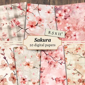 Digitale Sakura-papieren, kersenbloesem plakboekkit, oosters afdrukbaar, bloemen roze ongewenste dagboekpagina, kortstondige Japanse ephemera, Aziatisch collageblad