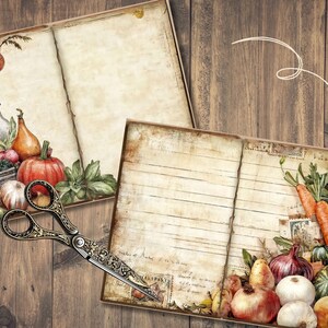 May include: Two open vintage-style journals with illustrations of vegetables and a pair of ornate scissors. The journals feature images of pumpkins, onions, carrots, and other produce. The background is a rustic wooden surface.
