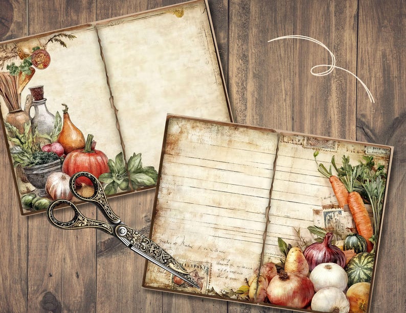 May include: Two open vintage-style journals with illustrations of vegetables and a pair of ornate scissors. The journals feature images of pumpkins, onions, carrots, and other produce. The background is a rustic wooden surface.