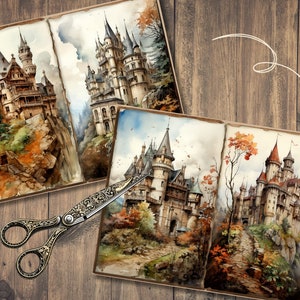 May include: Three watercolour paintings of castles in a fairytale setting. Each painting is framed in a brown paper book cover. The castles are depicted in a whimsical style with lush greenery and autumn foliage.
