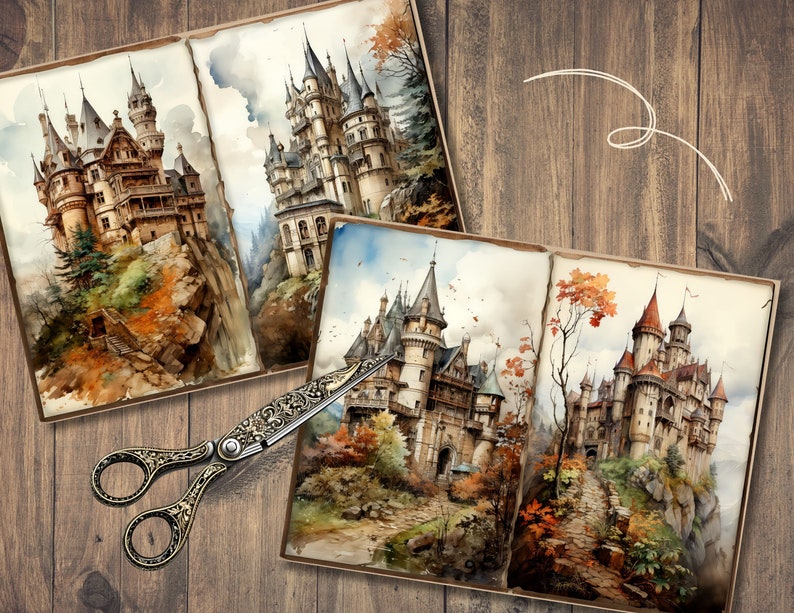 May include: Three watercolour paintings of castles in a fairytale setting. Each painting is framed in a brown paper book cover. The castles are depicted in a whimsical style with lush greenery and autumn foliage.