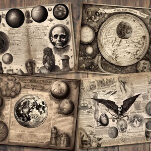 Puede incluir: Un collage de estilo vintage de im&aacute;genes celestiales, incluyendo lunas, estrellas y planetas, con texto en fuente g&oacute;tica. El collage est&aacute; impreso sobre un fondo de papel texturizado.