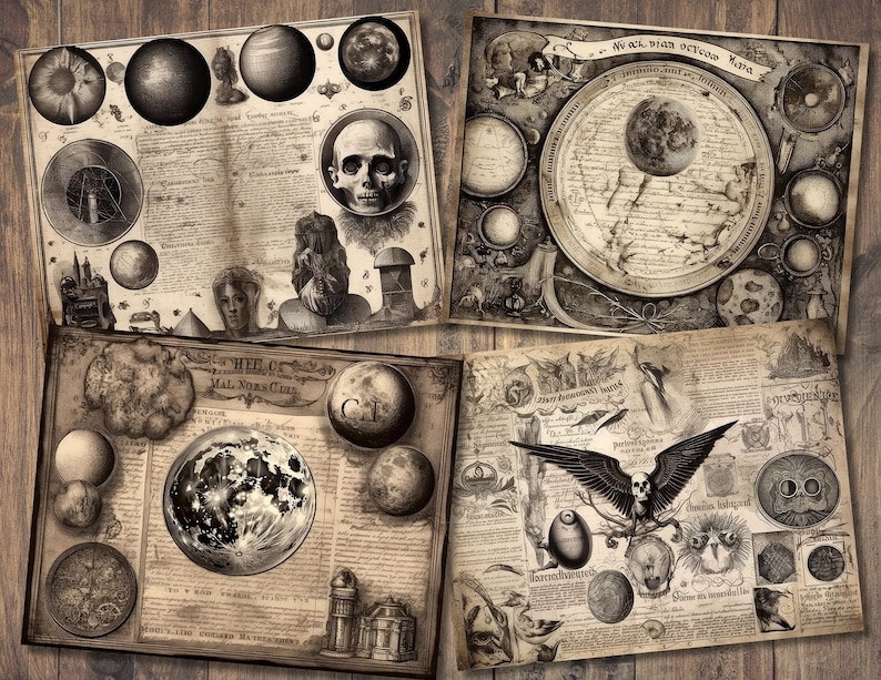 Puede incluir: Un collage de estilo vintage de im&aacute;genes celestiales, incluyendo lunas, estrellas y planetas, con texto en fuente g&oacute;tica. El collage est&aacute; impreso sobre un fondo de papel texturizado.