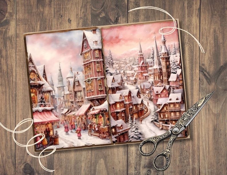 K&ouml;nnte beinhalten: Eine Vintage-Illustration eines verschneiten Weihnachtsdorfes mit roten D&auml;chern, einem Kirchturm und einer gewundenen Stra&szlig;e. Die Illustration ist auf einer Karte mit braunem Rand gedruckt.