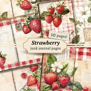 Pages de journal indésirable aux fraises, papier de scrapbooking numérique, impression Vichy, feuille de collage botanique, éphémères vintage, téléchargement de fruits d'été