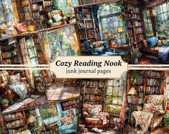 May include: A collage of images depicting cosy reading nooks with bookshelves, armchairs, and windows. The images are painted in a watercolour style and feature warm, inviting colours. The text "Cozy Reading Nook" and "junk journal pages" is included in the image.