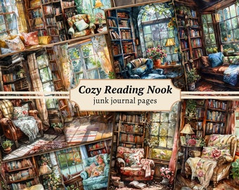 Cozy Reading Nook Junk Journal Pages, Digital Scrapbook Paper Kit, Vintage Books Printable, Cottagecore ATC, Library Ephemera, Collage Sheet