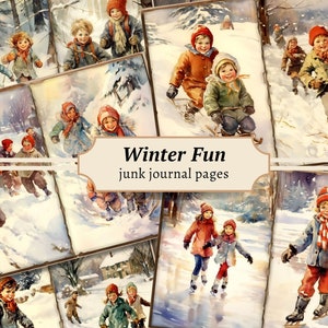 Winterpret ongewenste dagboekpagina's, digitale plakboekkit, afdrukbare sneeuw, schaatsen collageblad, vintage ephemera, kerstdownload