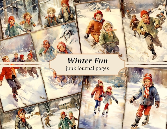 Winter Fun Junk Journal Pages, Digital Scrapbook Paper Kit, Snow Printable, Ice Skating Collage Sheet, Vintage Ephemera, Christmas Download