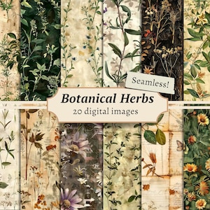 Naadloze patronen botanische kruiden, digitale papierkit, kruidenplakboek, achtergrond voor ongewenste dagboeken, afdrukbare kruidengeneeskunde, vintage bloemenplanten