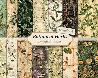 May include: A digital collage of 20 seamless patterns featuring botanical herbs and flowers in various shades of green, brown, and yellow. The patterns are set against a vintage background with handwritten text and faded paper textures. The text "Botanical Herbs" and "20 digital images" is displayed in a banner.