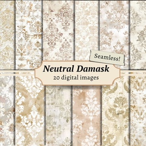 Neutral Damask Seamless Digital Papers, Distressed Scrapbook Background Kit, White Grunge Printable, Beige Vintage Patterns, Rustic Textures