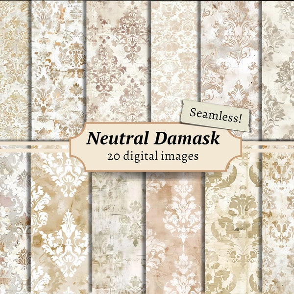 Neutral Damask Seamless Digital Papers, Distressed Scrapbook Background Kit, White Grunge Printable, Beige Vintage Patterns, Rustic Textures