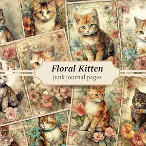 Pages de carnet floral chaton, papier de scrapbooking numérique chat, feuille de collage vintage imprimable, chat aquarelle avec fleurs, kit shabby chic