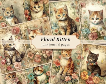 Floral Kitten Junk Journal Pages, Digital Cat Scrapbook Paper, Printable Vintage Collage Sheet, Watercolor Cat with Flowers, Shabby Chic Kit