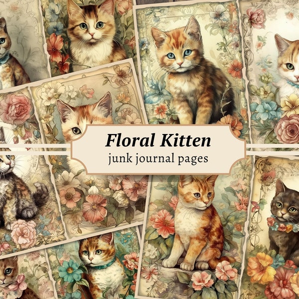 Floral Kitten Junk Journal Pages, Digital Cat Scrapbook Paper, Printable Vintage Collage Sheet, Watercolor Cat with Flowers, Shabby Chic Kit