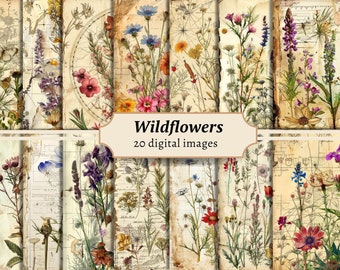May include: A set of 20 digital images featuring vintage-style illustrations of wildflowers in various colors and arrangements. The images have a faded, antique aesthetic and are perfect for crafting projects, scrapbooking, or digital design.