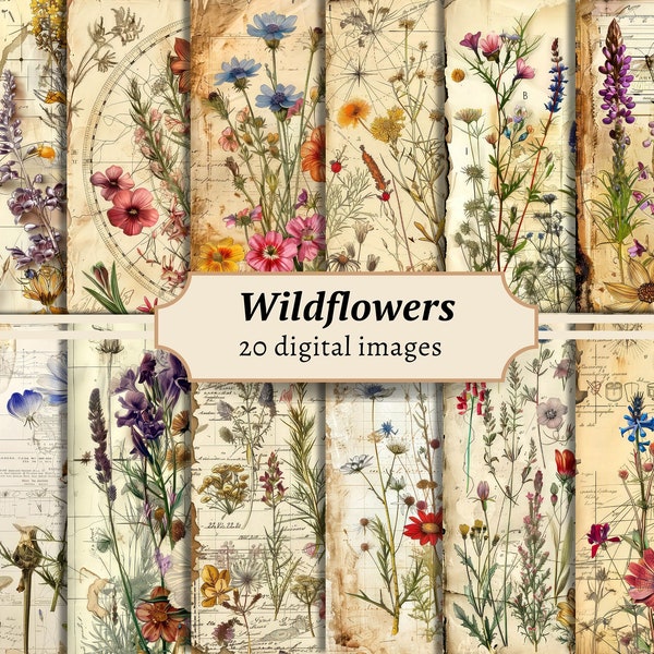 Papiers numériques fleurs sauvages, page de journal indésirable fleurs, kit de fond de scrapbooking vintage, feuille de collage papillon botanique imprimable et floral