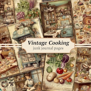 Páginas de diário de lixo de culinária vintage, kit de papel para scrapbook digital, livro de receitas para impressão, folha de colagem vitoriana, coisas efêmeras de cozinha, alimentos para assar
