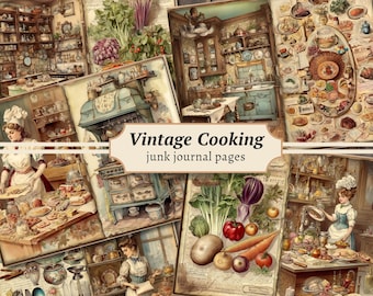 Vintage Kochen Junk Journal Seiten, Digitales Scrapbook Papier Kit, Kochbuch zum ausdrucken, Viktorianische Collage Sheet, Küche Ephemera, Backen Essen