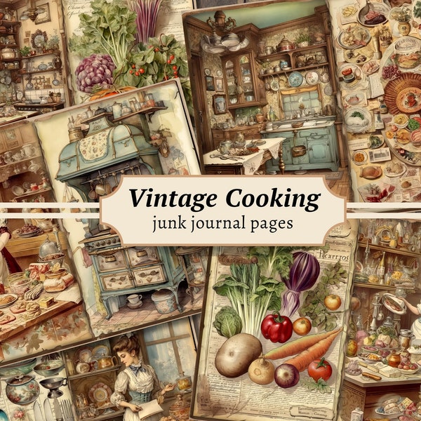 Vintage Cooking Junk Journal Pagina's, Digitale Scrapbook Paper Kit, Kookboek Afdrukbaar, Victoriaanse Collage Sheet, Keuken Ephemera, Bakken van voedsel