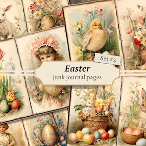 Ostern Junk Journal Seiten, Digitales Scrapbook Papier Kit, Blume zum ausdrucken, Aquarell Hase, Floral Collage Sheet, Vintage Frühling Download