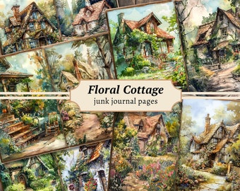 Floral Cottage Junk Journal Pages, digital scrapbook paper kit, cottagecore printable, watercolor garden, collage sheet, vintage ephemera