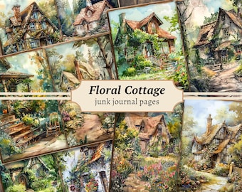 May include: A collage of ten watercolor paintings featuring charming cottages surrounded by lush greenery and vibrant flowers. The cottages have stone walls, thatched roofs, and windows with curtains. The title "Floral Cottage junk journal pages" is displayed at the center of the collage.