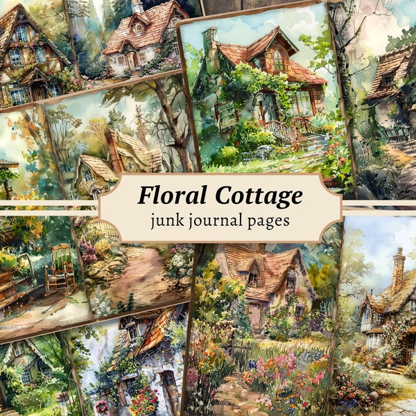 Floral Cottage Junk Journal Pages, digital scrapbook paper kit, cottagecore printable, watercolor garden, collage sheet, vintage ephemera